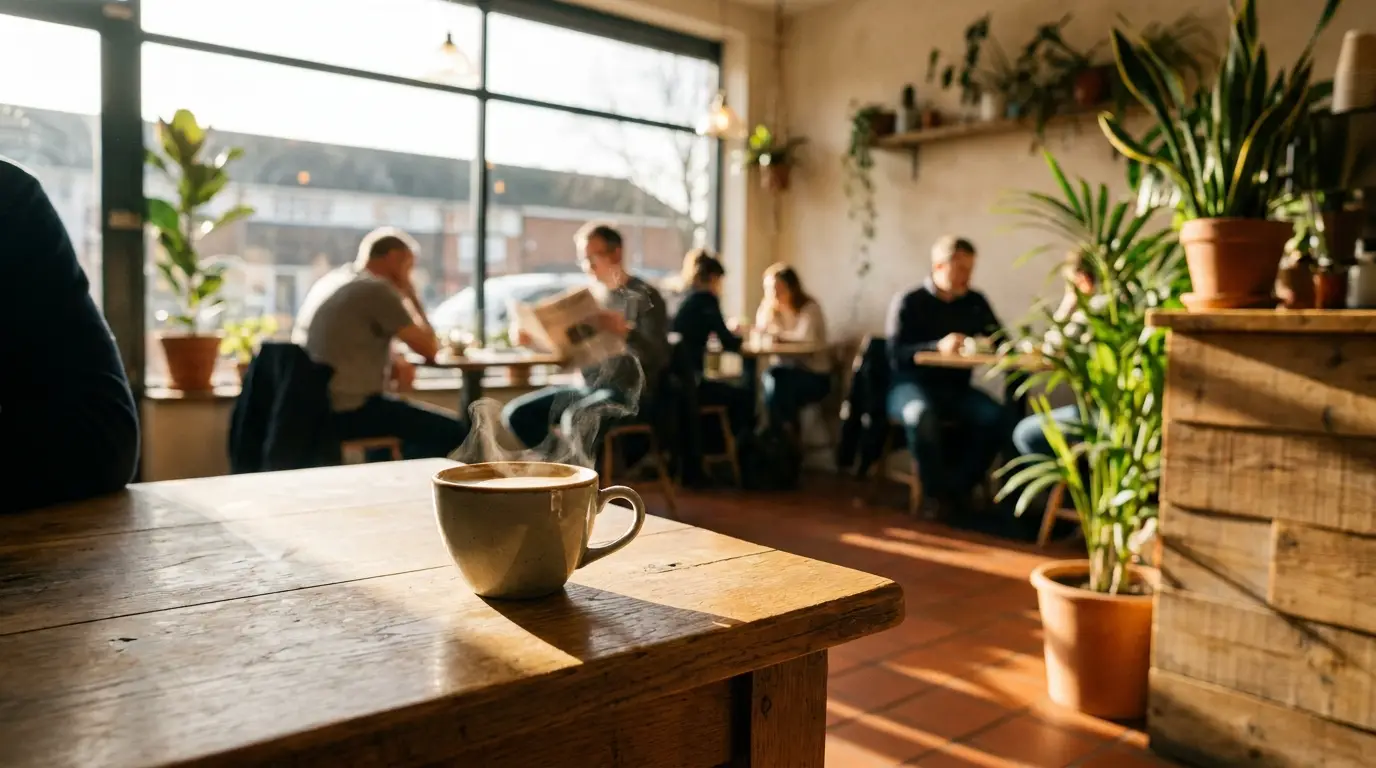 BON Coffee House website: a steaming cup on an oak table in warm morning cafe light