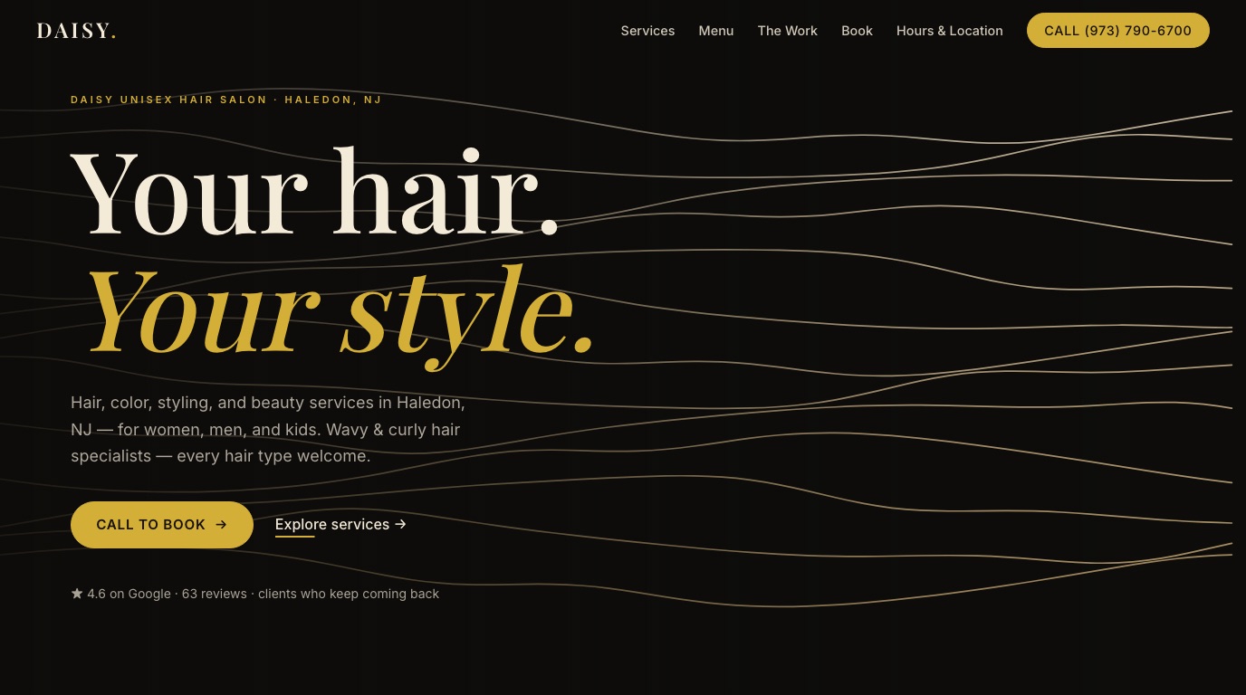 Daisy Unisex Hair Salon website: golden hair strands drawn as flowing lines on black, headline Your Hair Your Style