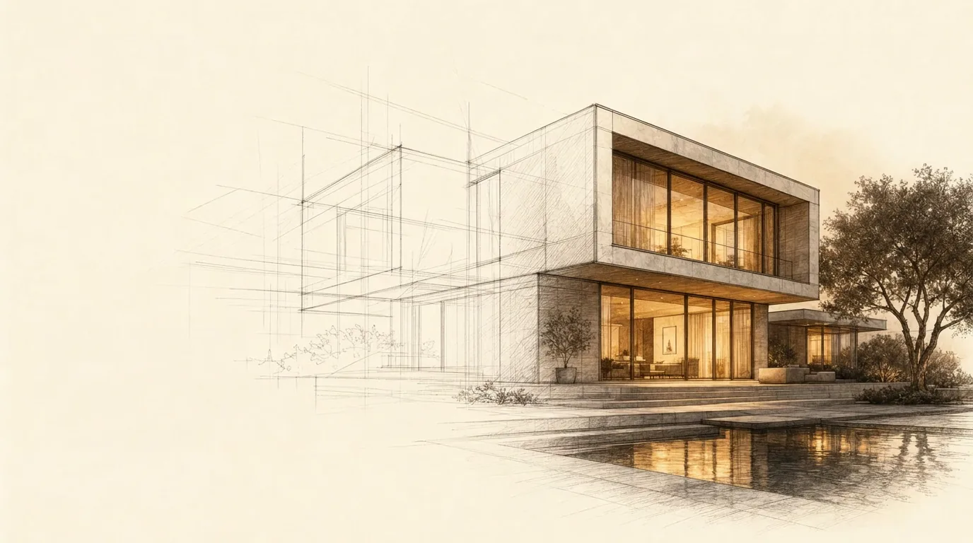 Havenwood Real Estate website: an architectural pencil rendering of a modern home with warm lit windows